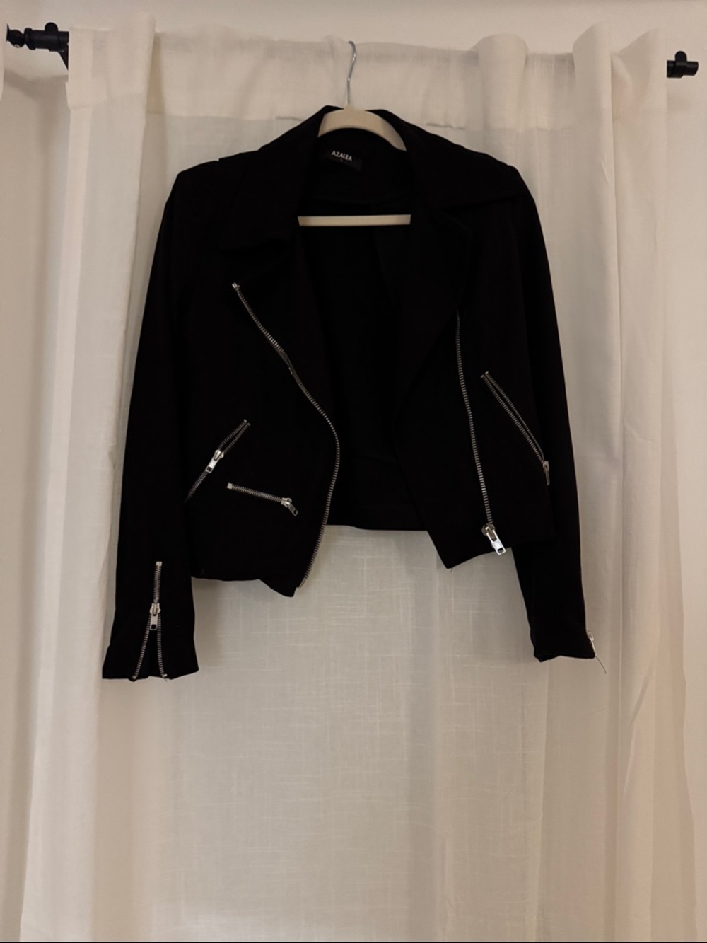 Black Cropped Moto Jacket with Asymmetric Zippers - AZAZIA